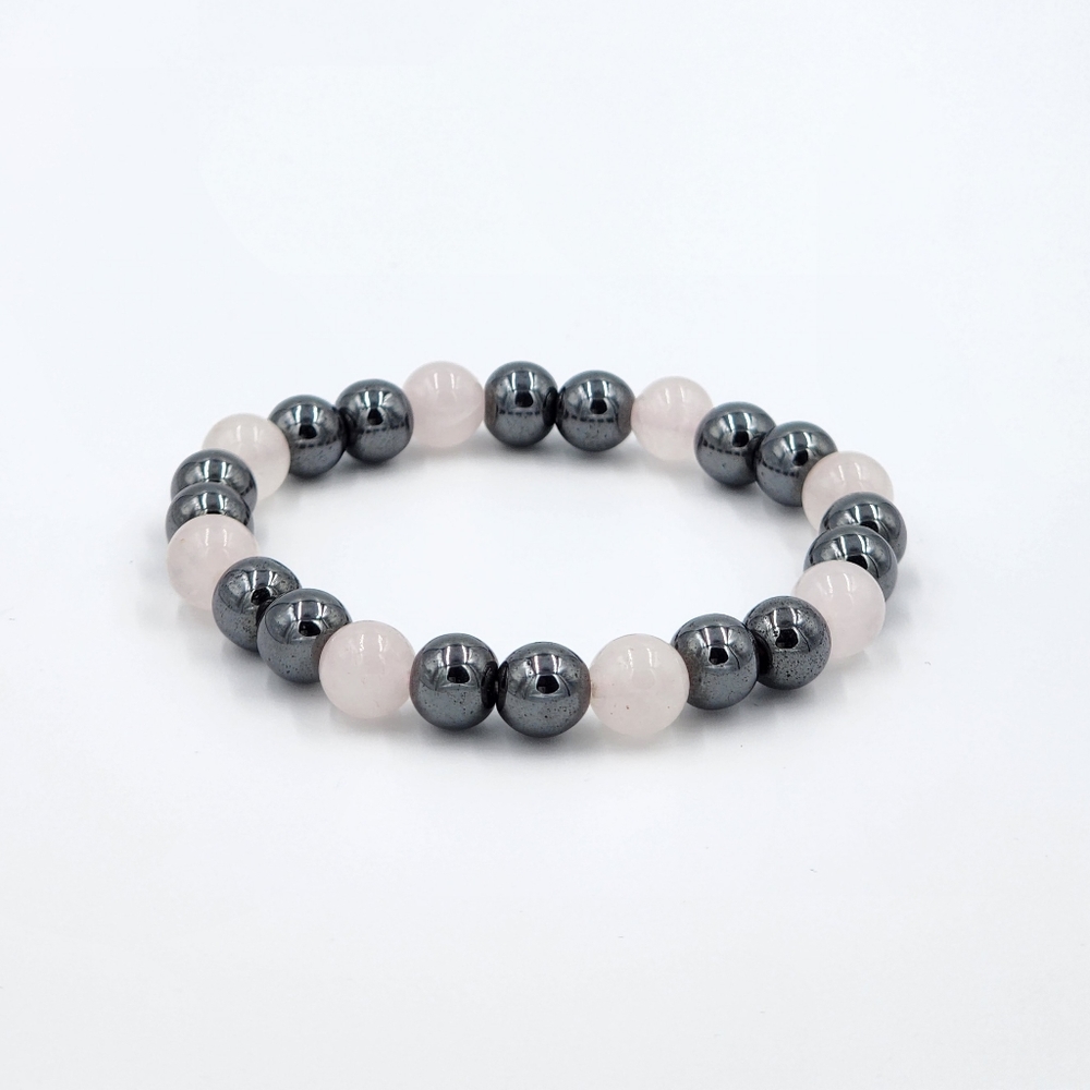 Rose Quartz Hematite Beaded Stretch Bracelet Handmade